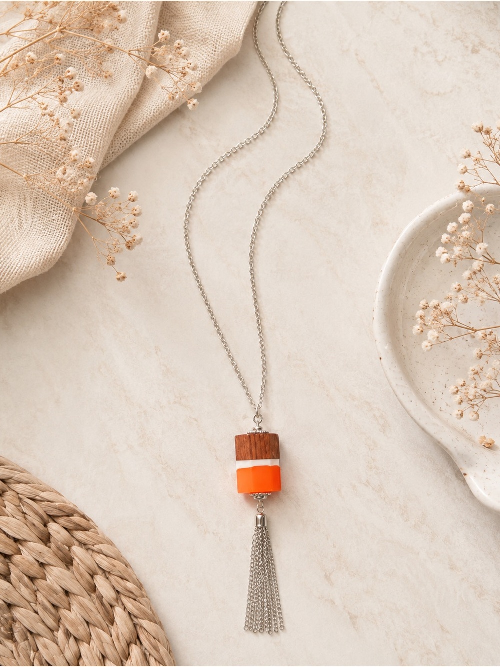 Necklace Long Color Block Silver Chain with Orange & Wood Cylinder Pendant